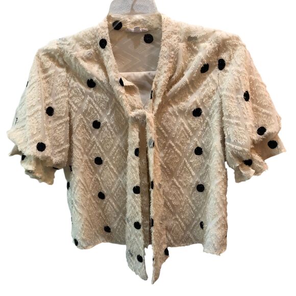THML Tops - THML Womens XS Cream Black Dot Textured Jacquard Tie Front Blouse Top Damage